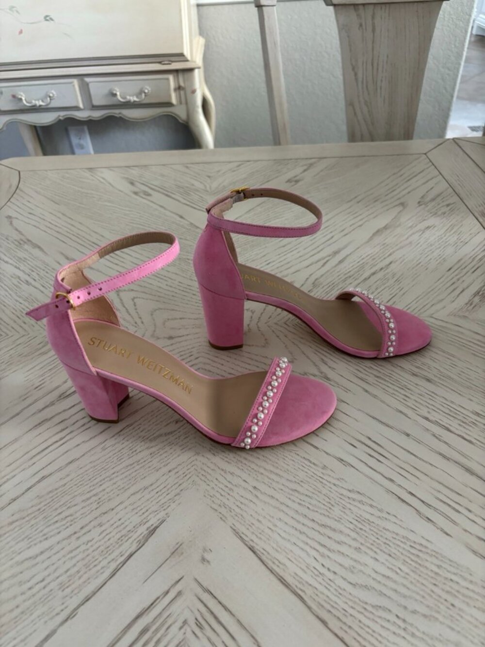 Stuart Weitzman Nearly Nude Demi Pearl India Pink Sandal Heels - Picture 3 of 5